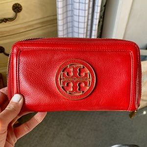 Vibrant red Tory Burch continental zip wallet